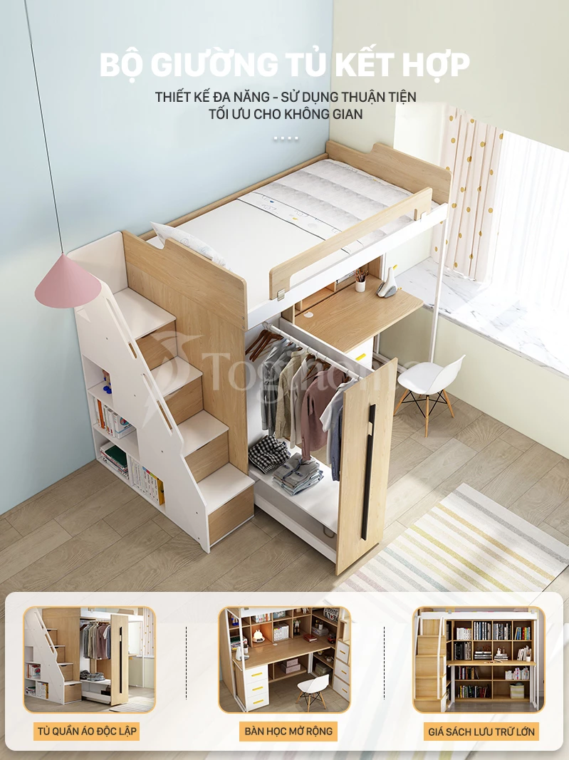 Bộ giường tầng trẻ em GTE015 kết hợp tủ quần áo và kệ thang đa năng, thiết kế kiểu dáng hiện đại với thiết kế nâng cấp