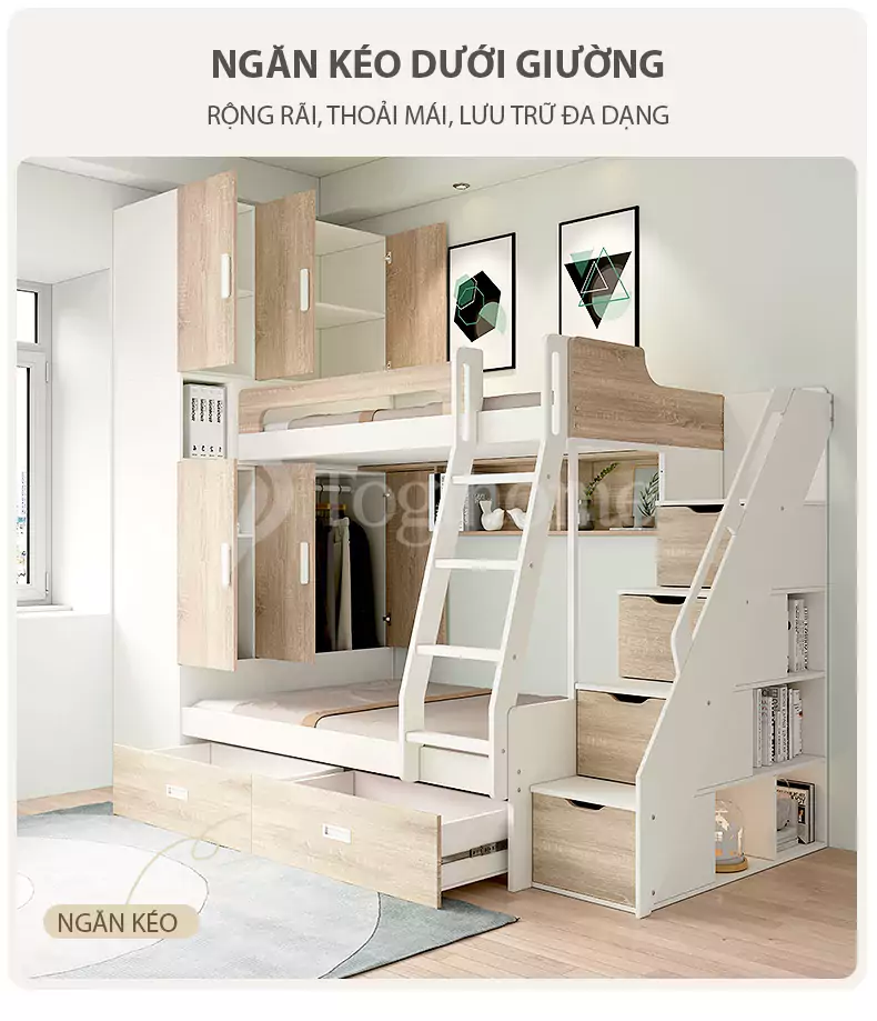 Bộ nội thất giường ngủ kết hợp tủ đồ thông minh GN028  phong cách hiện đại, tối ưu không gian với thiết kế giường hộp đa năng