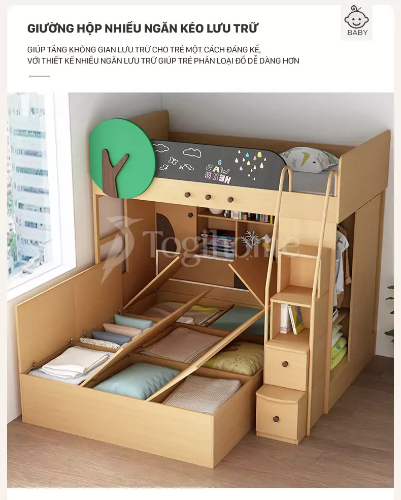 Bộ giường ngủ 2 tầng GTE034 đa năng kết hợp kệ sách và tủ thang dành cho trẻ phong cách hiện đại với thiết kế giường hộp nhiều ngăn kéo lưu trữ
