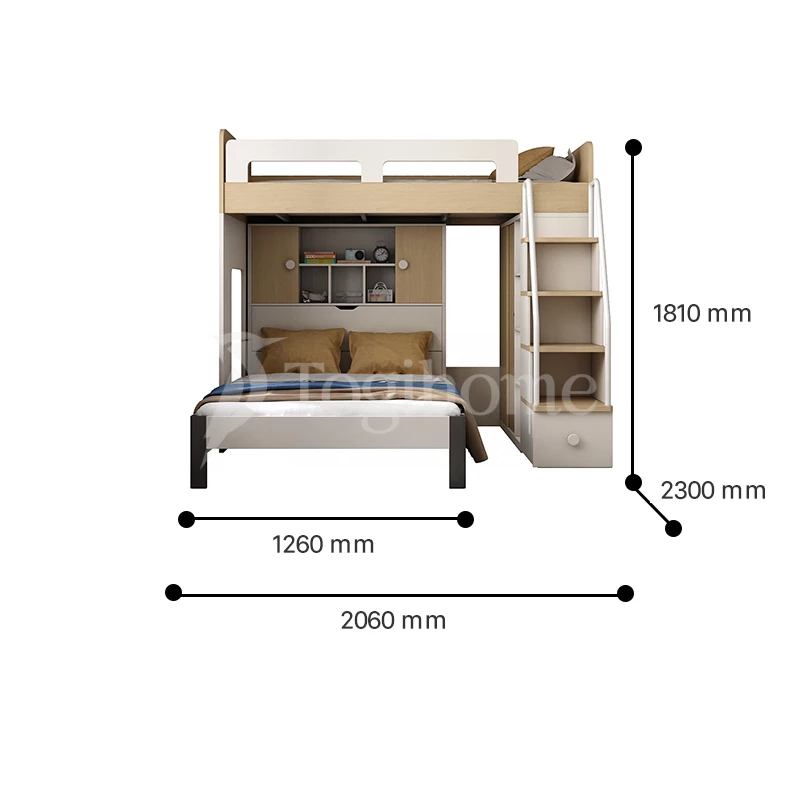 kích thước chi tiết Màu sắc Bộ phòng ngủ trẻ em GTE016 phong cách hiện đại kết hợp tủ quần áo và kệ sách