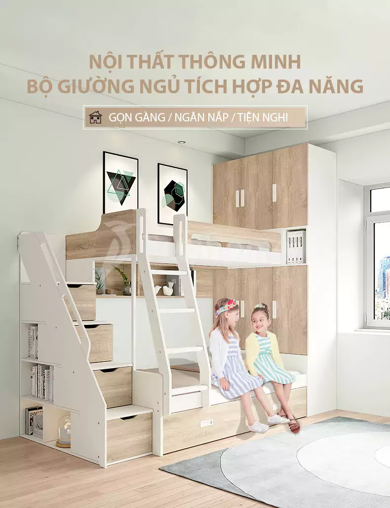 Bộ nội thất giường ngủ kết hợp tủ đồ thông minh GN028  phong cách hiện đại, tối ưu không gian với thiết kế đa năng