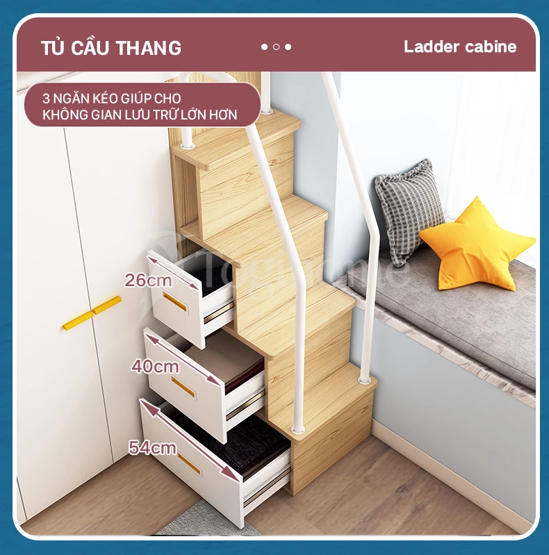 Bộ giường tầng trẻ em GTE015 kết hợp tủ quần áo và kệ thang đa năng, thiết kế kiểu dáng hiện đại với thiết kế tủ thang dạng hộp lưu trữ