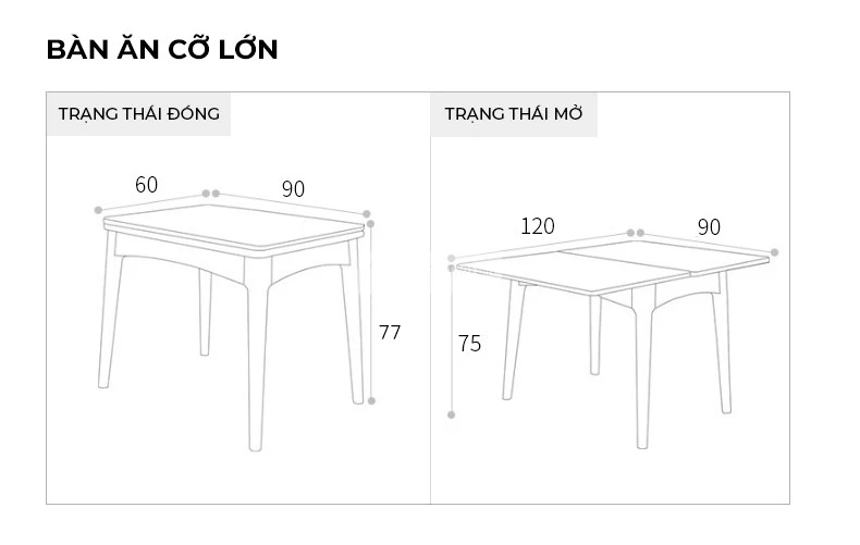 kích thước chi tiết của Bàn ăn thông minh gỗ tự nhiên kết hợp ghế nệm cao cấp KC09