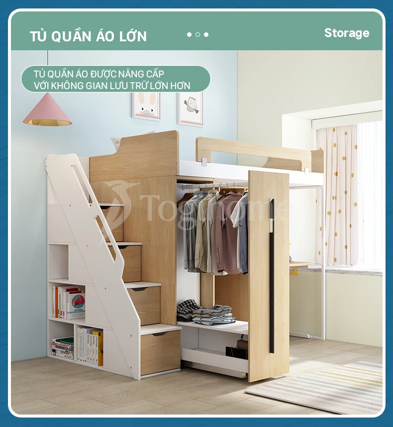 Bộ giường tầng trẻ em GTE015 kết hợp tủ quần áo và kệ thang đa năng, thiết kế kiểu dáng hiện đại với thiết kế tủ quần áo lưu trữ lớn
