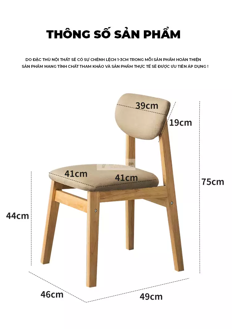 kích thước chi tiết của Ghế gỗ tự nhiên kết hợp nệm cao cấp SD110