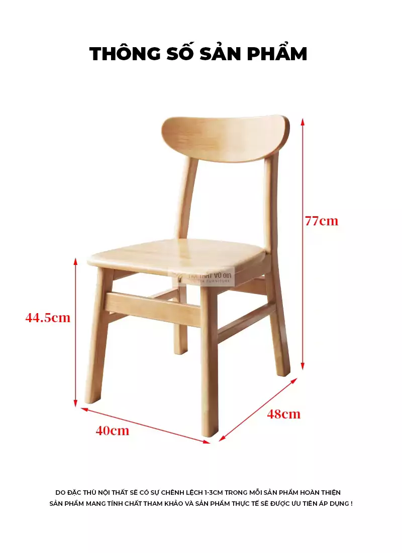kích thước chi tiết của Ghế gỗ tự nhiên phong cách tối giản SD112