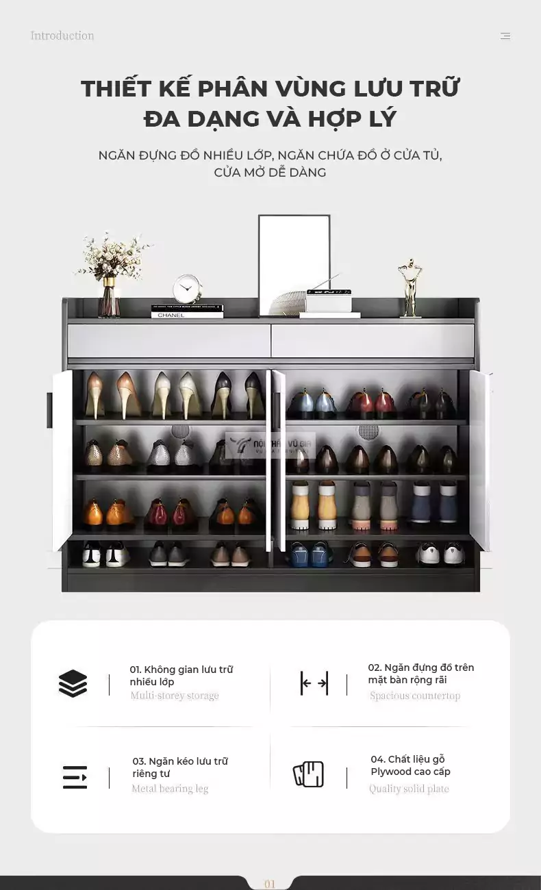 thiết kế lưu trữ phân vùng hiệu quả của Tủ giày cao cấp thiết kế hiện đại KG02